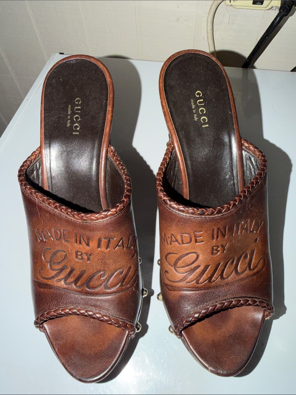 Vintage Gucci Brown Leather Braided Slide Mules